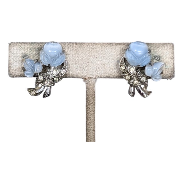 Vintage 1930s Rhodium Plated Blue Tutti Frutti Acorn & Leaf Screw Back Earrings-2 Pieces For Sale