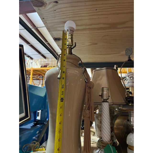 1970s Mid-Century Modern Ceramic Table Lamps With Light Pink Tassels - a Pair For Sale - Image 9 of 11