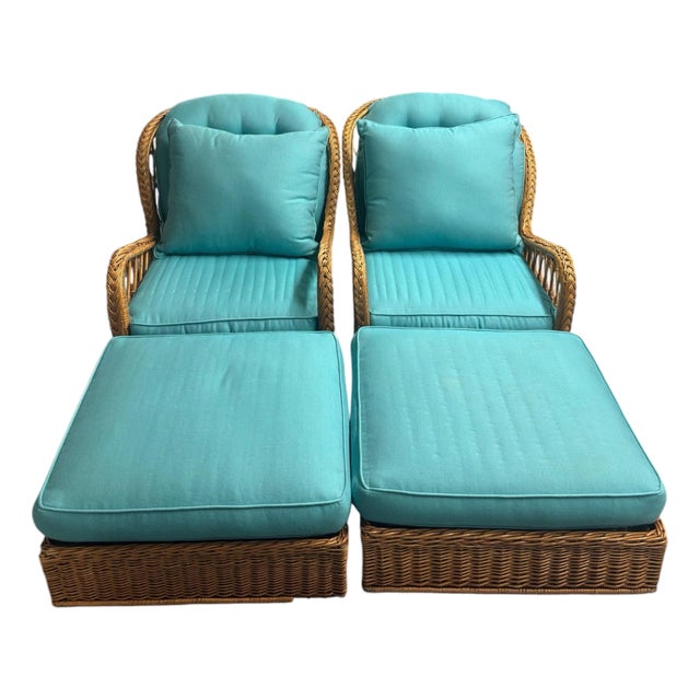 2 McGuire Wicker Chairs With Ottoman For Sale