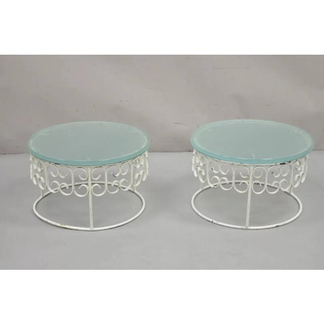1960s Arthur Umanoff Style Wrought Iron Scroll Low Round Glass Top Side Tables - a Pair For Sale - Image 12 of 12