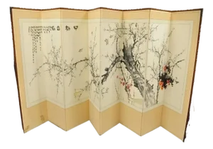 Mid 20th Century Chinoiserie Japanese Cherry Blossom Byobu 8 Panel Folding Screen Room Divider