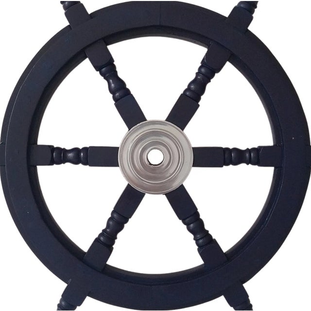 Early 19th Century Early 19th Century Nautical Handcrafted 24 Inch Dark Blue Wooden Ship Wheel, Home Wall Décor For Sale - Image 5 of 6