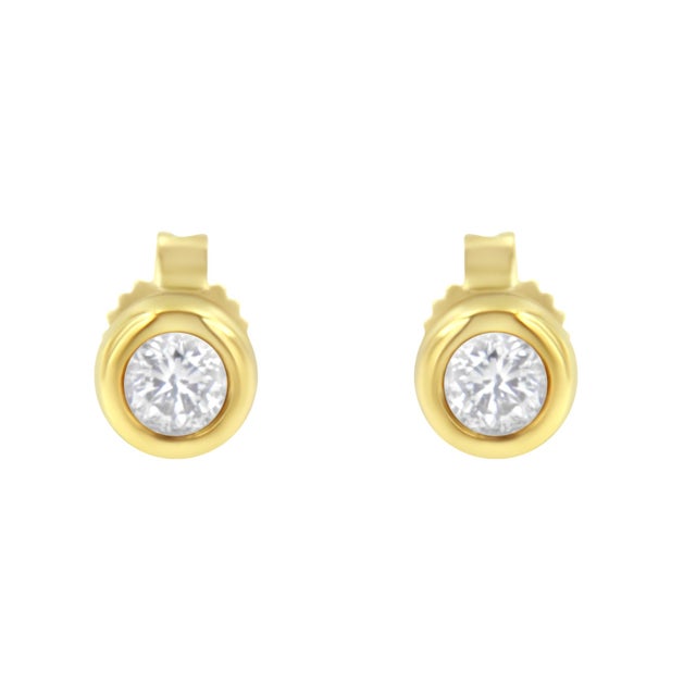 Contemporary 10K Yellow Gold 1/4 Cttw Round Brilliant-Cut Near Colorless Diamond Bezel-Set Stud Earrings (H-I Color, I1-I2 Clarity) For Sale - Image 3 of 6