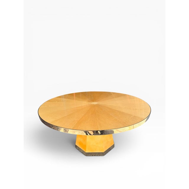 Postmodern Late 20th Century 60” Postmodern Birdseye Maple Dining Table With Polished Metal Banding – Masterpiece Custom Furniture For Sale - Image 3 of 15