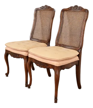 Baker Furniture Style French Provincial Louis XV Carved Walnut and Cane Back Dining Chairs, Pair