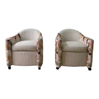 Pair of 1990s Attributed Brueton Swivel Chairs, Newly Upholstered in Kravet Chenille & Fabricut Printed Velvet For Sale