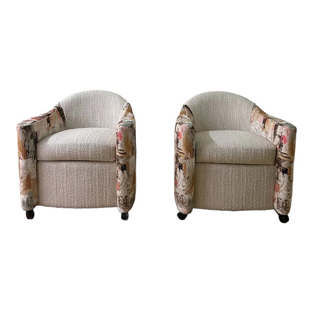 Pair of 1990s Attributed Brueton Swivel Chairs, Newly Upholstered in Kravet Chenille & Fabricut Printed Velvet For Sale
