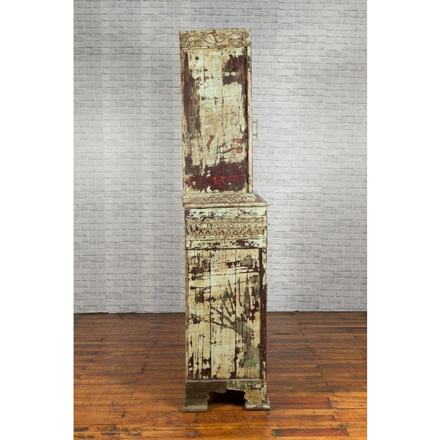 Indian Rustic Painted Wood Cabinet with Carved Foliage & Distressed Patina For Sale - Image 12 of 12