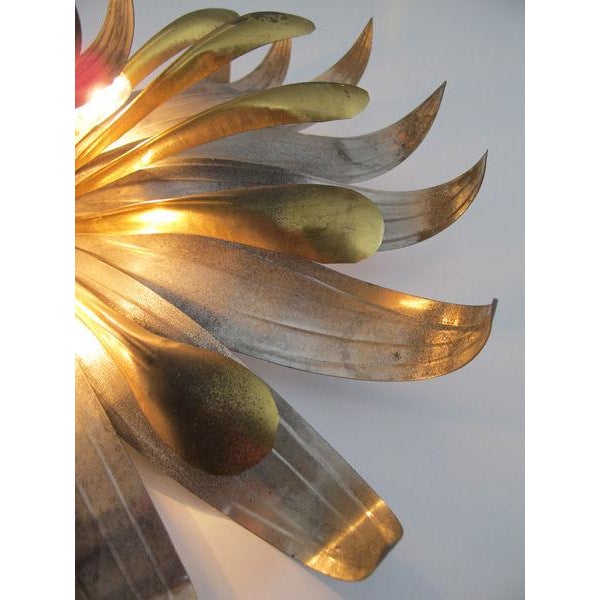 Metal A Pair of American Art Deco Tole & Brass Foliate-Form Sconces Centering Glass Spheres For Sale - Image 7 of 10