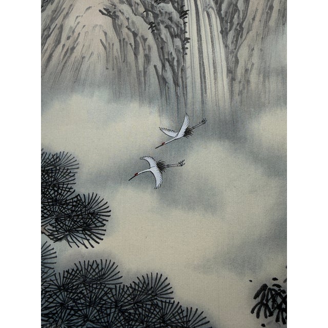 Vintage Chinese Landscape Hanging Scroll With Gold Brocade For Sale - Image 14 of 16