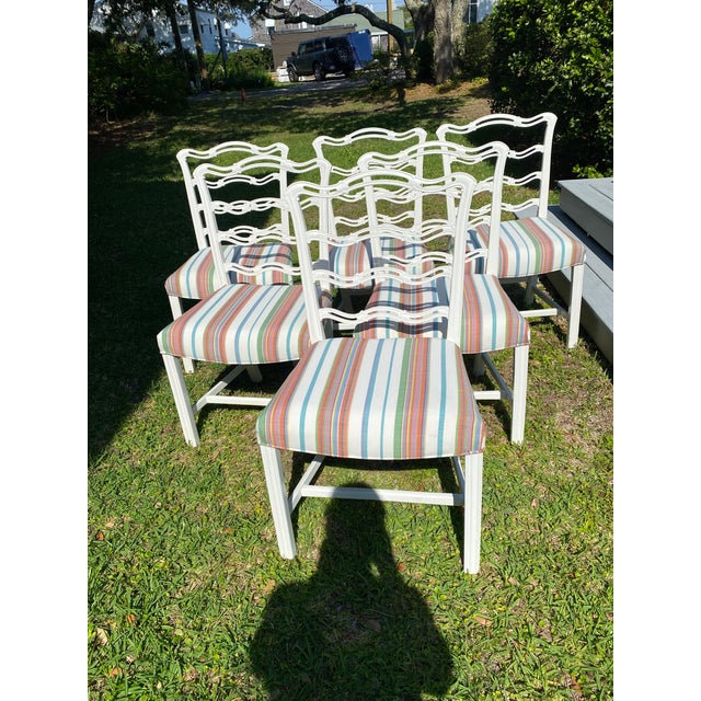 Set of 6 Vintage Painted Mahogany Chippendale Ribbon Back Dining Chairs With New Perennials Striped Fabric For Sale - Image 12 of 14