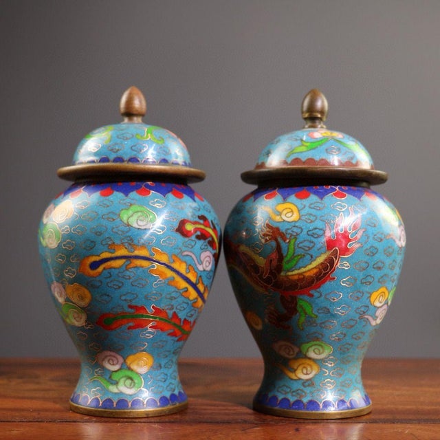Pair of Vintage Chinese Cloisonné "Dragon & Phoenix" Ginger Jars - 2495g For Sale In Los Angeles - Image 6 of 9