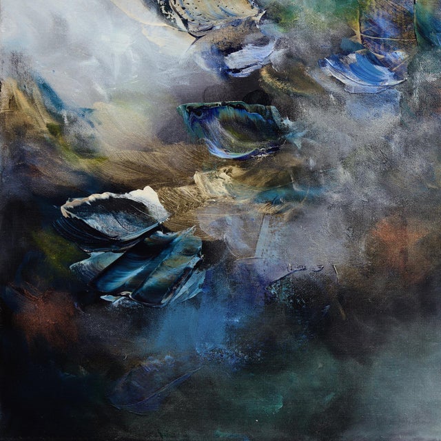 A Bohemian Breeze - Cool Blue Tone Abstract Textural Acrylic Painting on Canvas by Vè Boisvert For Sale In Los Angeles - Image 6 of 9
