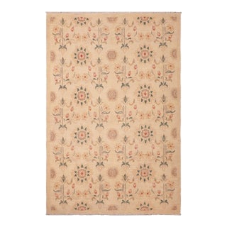 Shabby Chic Ziegler Tan Green Hand-Knotted Wool Rug - 5'10'' X 8'8'' For Sale