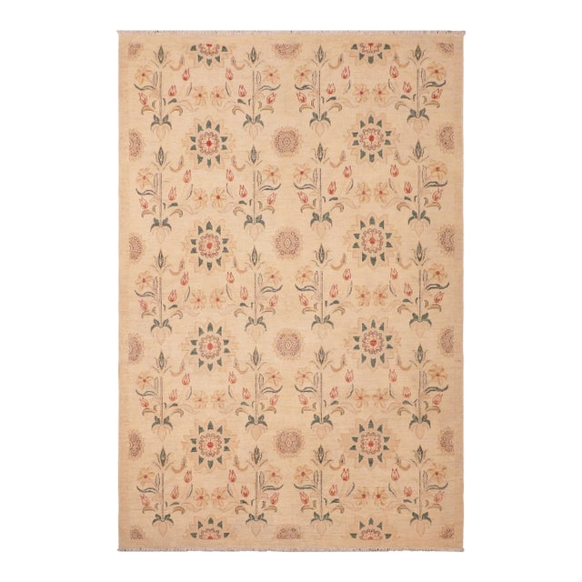 Shabby Chic Ziegler Tan Green Hand-Knotted Wool Rug - 5'10'' X 8'8'' For Sale