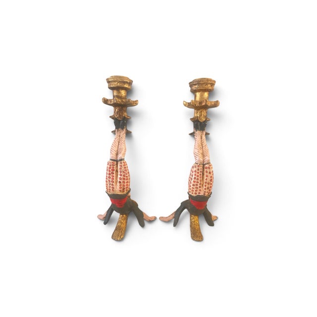 Chinoiserie Vintage Hand-Painted Chinese Acrobat Candlestick Holders - A Pair For Sale - Image 3 of 3