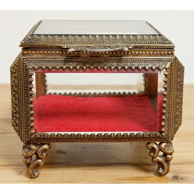 Vintage Ormolu Brass Beveled Glass Jewelry Casket For Sale - Image 4 of 11