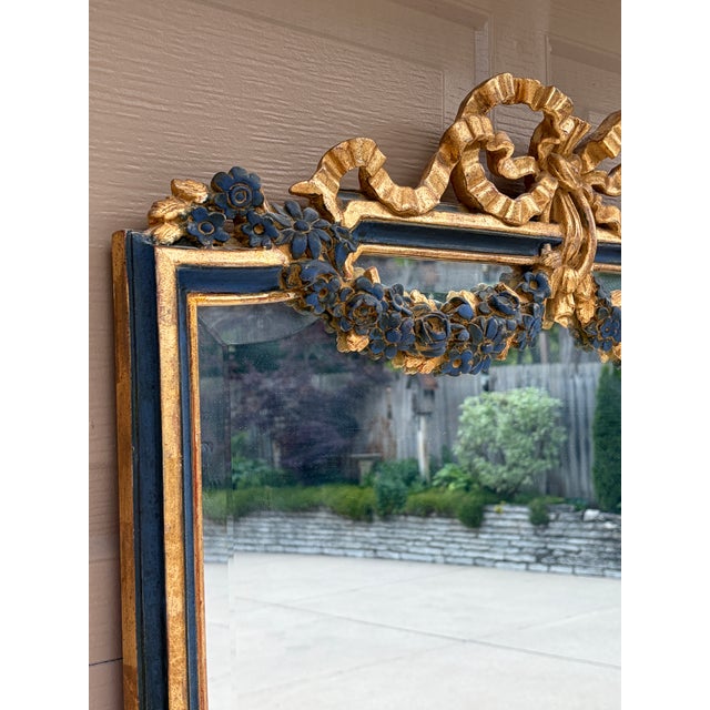 Late 20th Century Italian Giltwood Mirror With Blue Painted Details and Floral Swags For Sale - Image 9 of 12