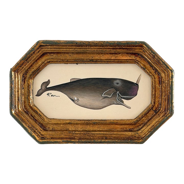 Original Hand-Painted Whale Painting in a Vintage Frame