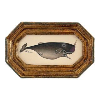 Original Hand-Painted Whale Painting in a Vintage Frame For Sale