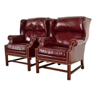 Hancock & Moore Chippendale Wingback Leather Lounge Chairs | Pair For Sale