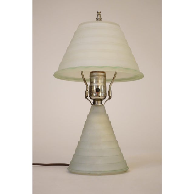1930s 1939 Art Deco Streamline Stepped Frosted Green Art Glass Table Lamp For Sale - Image 5 of 12