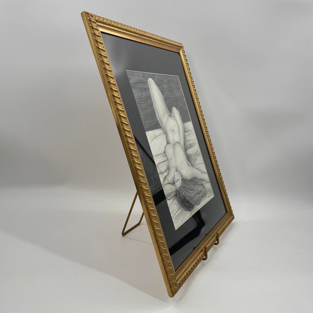 Paper Vintage 1994 Signed Female Nude Charcoal Drawing Gold Gilt Frame For Sale - Image 7 of 11