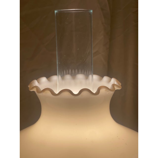 Vintage Quoizel 3-Way Hurricane Lamp Brass W/ Wood Base & Milk Glass Shade For Sale - Image 4 of 11