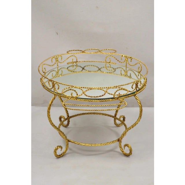 Vintage Italian Hollywood Regency Iron Gold Rope Round Mirror Top Coffee Table For Sale - Image 10 of 10