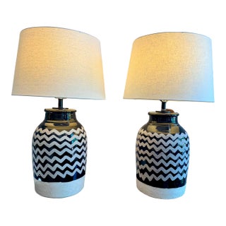1990s Curry and Co. Black and White Zig Zag Pottery Lamps - a Pair For Sale