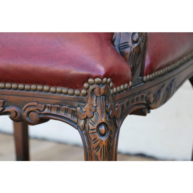 Pair of Vintage English Regency Style Leather Armchairs | Carved Wood Frame, Nailhead Trim For Sale - Image 16 of 18