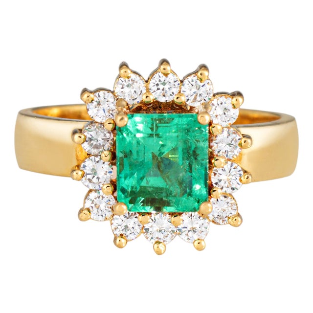 Vivid Emerald Diamond Ring Vintage 18k Yellow Gold Sz 6.5 Square Princess For Sale