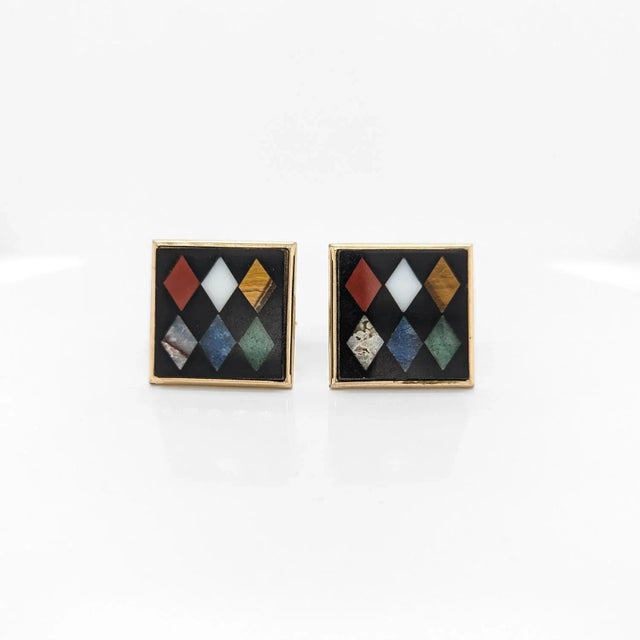 Vintage American Swank Square Brass & Inlaid Stone Cufflinks For Sale - Image 9 of 12