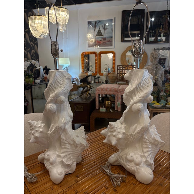 Lovely vintage pair of Sirmos sea shell conch seashell plaster table lamps. No chips or breaks, completely restored. Newly...