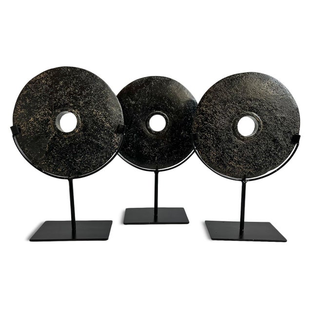 Vintage Modern Minimalist Black Stone Disk Wheel on Stand For Sale - Image 4 of 5