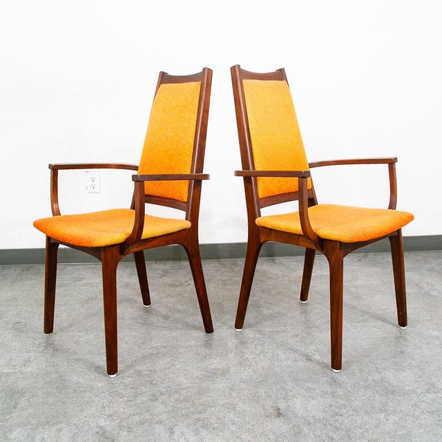 1960s Mid Century Modern Dining Chairs Set 8 Armchairs Orange Solid Walnut MCM Captain For Sale - Image 5 of 12
