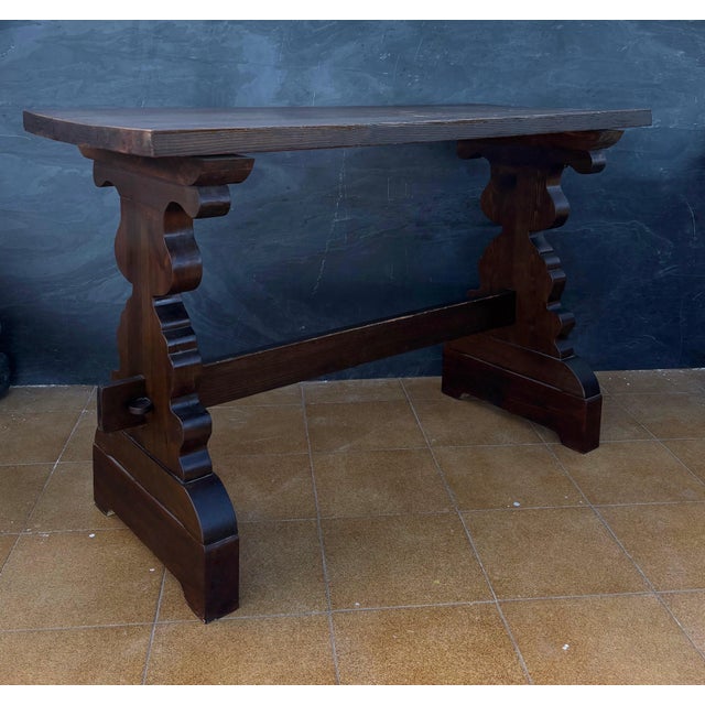 Rustic Spanish Rustic Trestle Console Table with Carved Pedestal Supports, 1940s For Sale - Image 3 of 8
