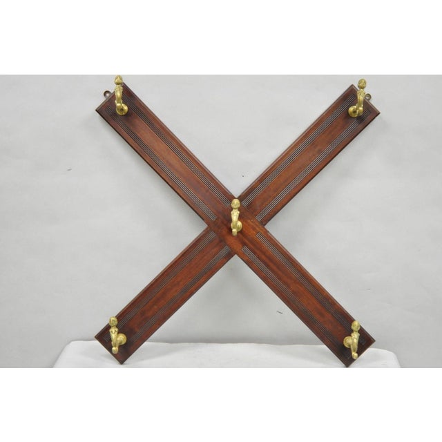Antique Victorian Mahogany X-Form Wall Coat Rack W/ Brass Knight's Helmet Hooks For Sale - Image 10 of 14