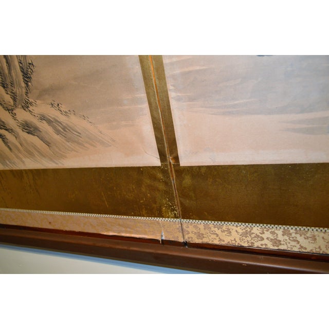 Wood Early 20th Century Japanese Chinese Asian Calligraphy Hand Painted Six Panel Paper Screen Folding Byobu For Sale - Image 7 of 10