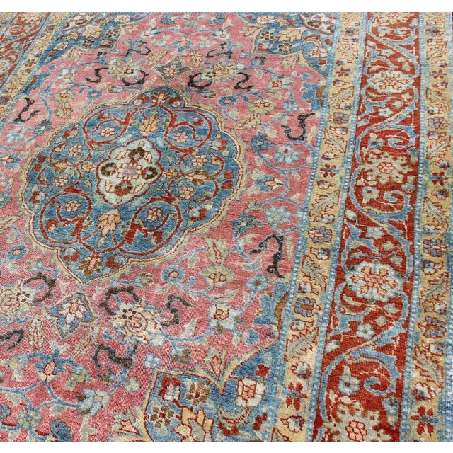 Early 20th Century Antique Persian Tabriz Rug With Medallion in Soft Rose, Sky Blue, and Rust Red 4'7"x6'4" For Sale - Image 5 of 8