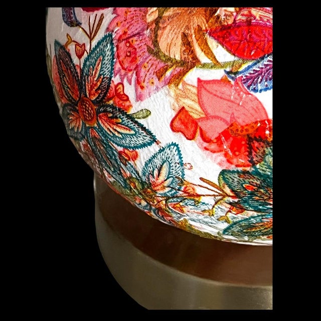 Fun art nouveaux decoupage table lamp with a light cream linen shade in a vibrant Victorian floral pattern. Antique brass...