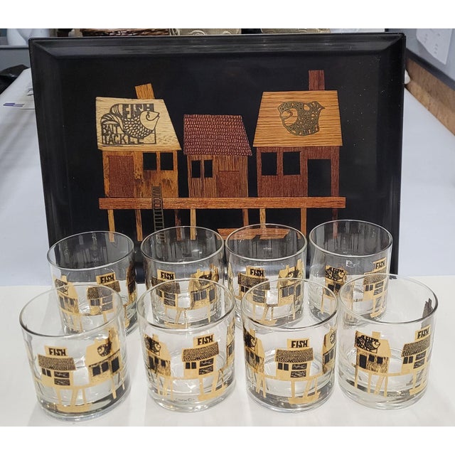 1950s Mid Century Modern Couroc Monterey Fish Rocks Glasses Set of 8 With Tray For Sale - Image 18 of 18