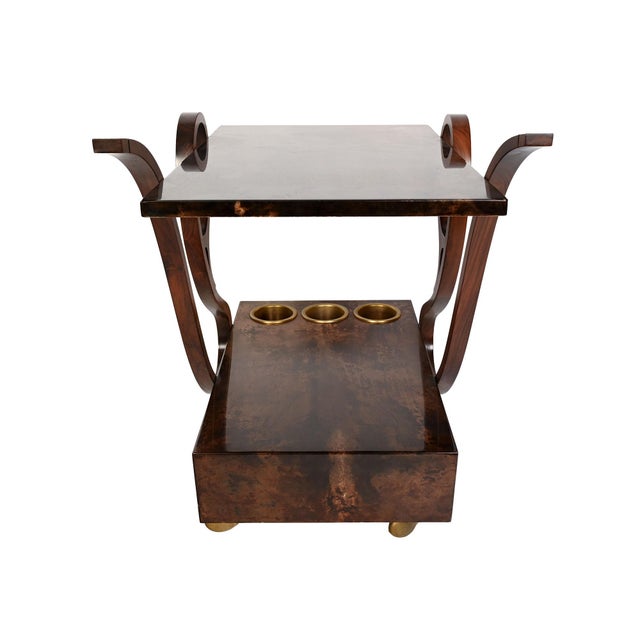 Vintage Aldo Tura Bar Cart in dark brown lacquered goatskin Very rare form with Rosewood handles. Label on underside...