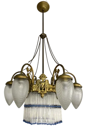 Art Deco 7-Light Chandelier in Brass and Glass, 1940s