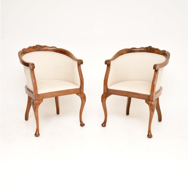 Antique Queen Anne Style Walnut Tub Armchairs, 1920, Set of 2 For Sale - Image 11 of 11