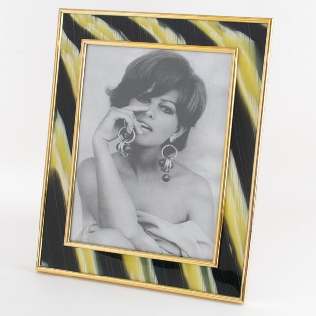 Montagnani Gilded Brass and Faux-Horn Lucite Inlaid Picture Frame For Sale - Image 9 of 9