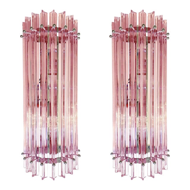 Set of four scenographic pink Triedro Murano Glass Wall Sconces. Very elegant , very bright. Metal frame in chromed...