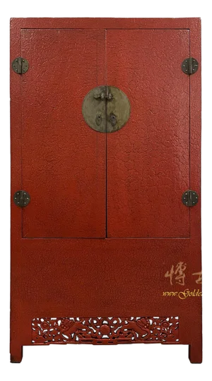 Late 19th Century Antique Chinese Red Lacquered Cabinet, Armoire, Wardrobe