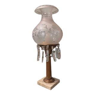 Antique Victorian Gilt Metal Astral Solar Lamp Frosted Grape Etched Shade With Prisms For Sale