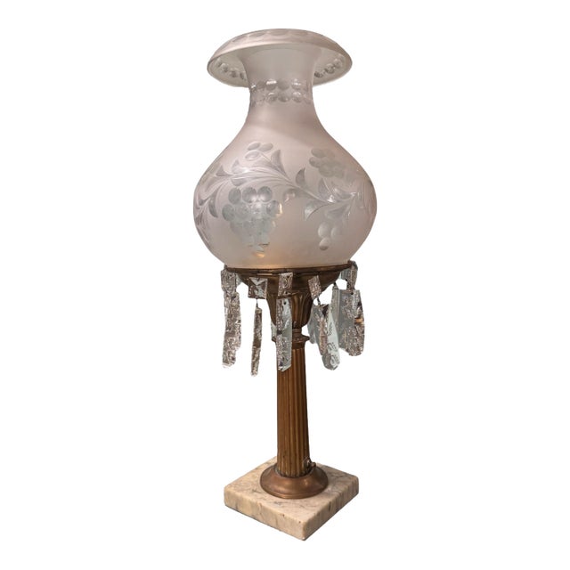 Antique Victorian Gilt Metal Astral Solar Lamp Frosted Grape Etched Shade With Prisms For Sale